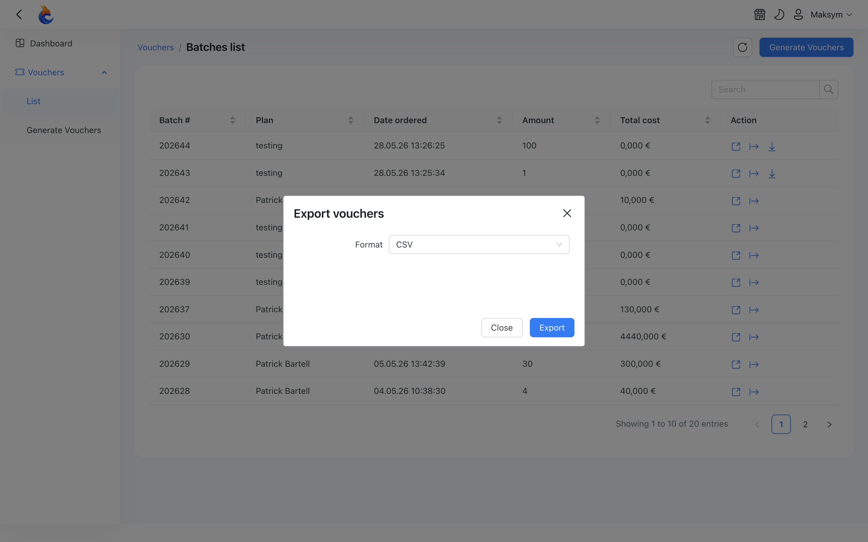 Exporting a voucher batch