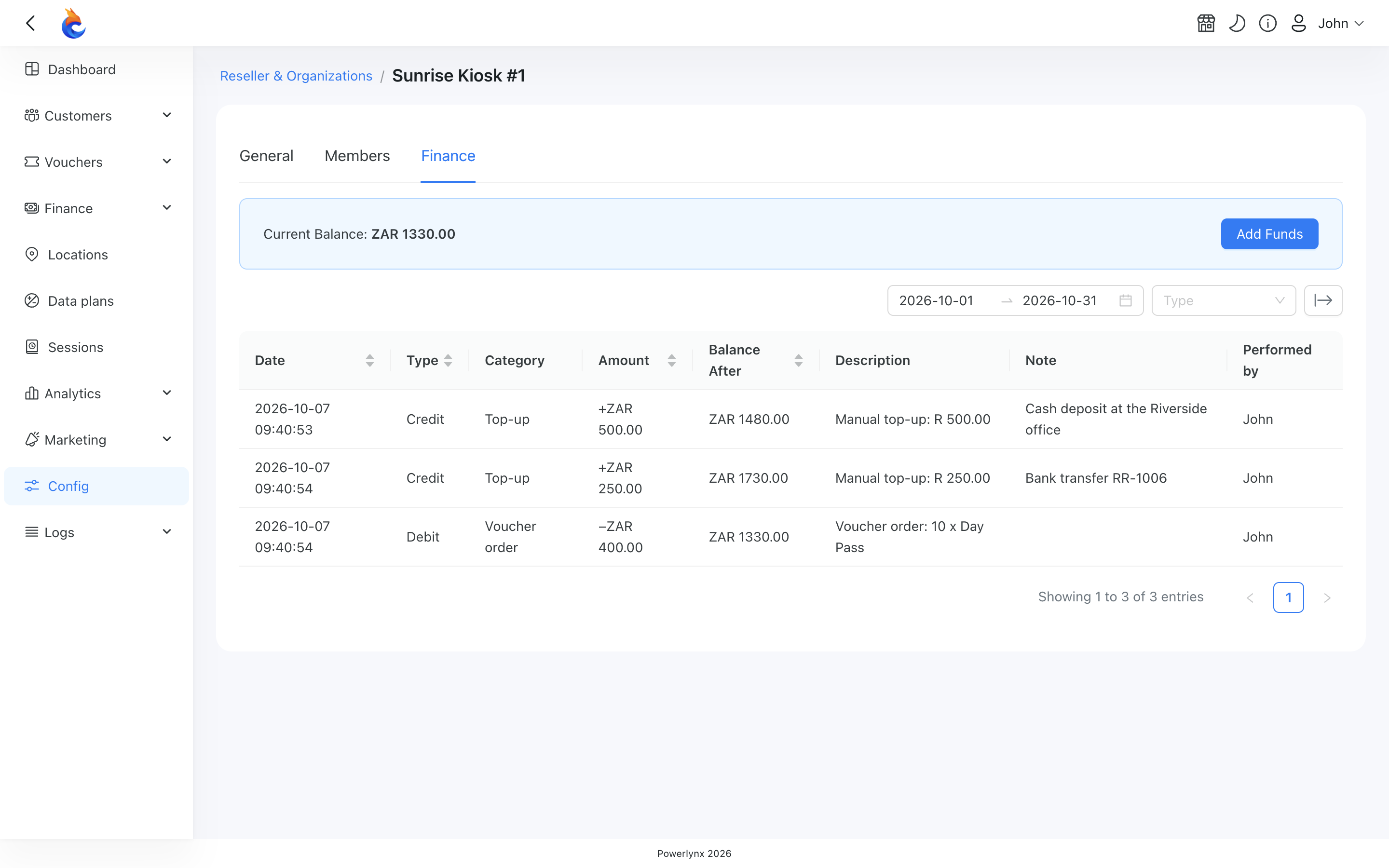 Reseller organization finance tab
