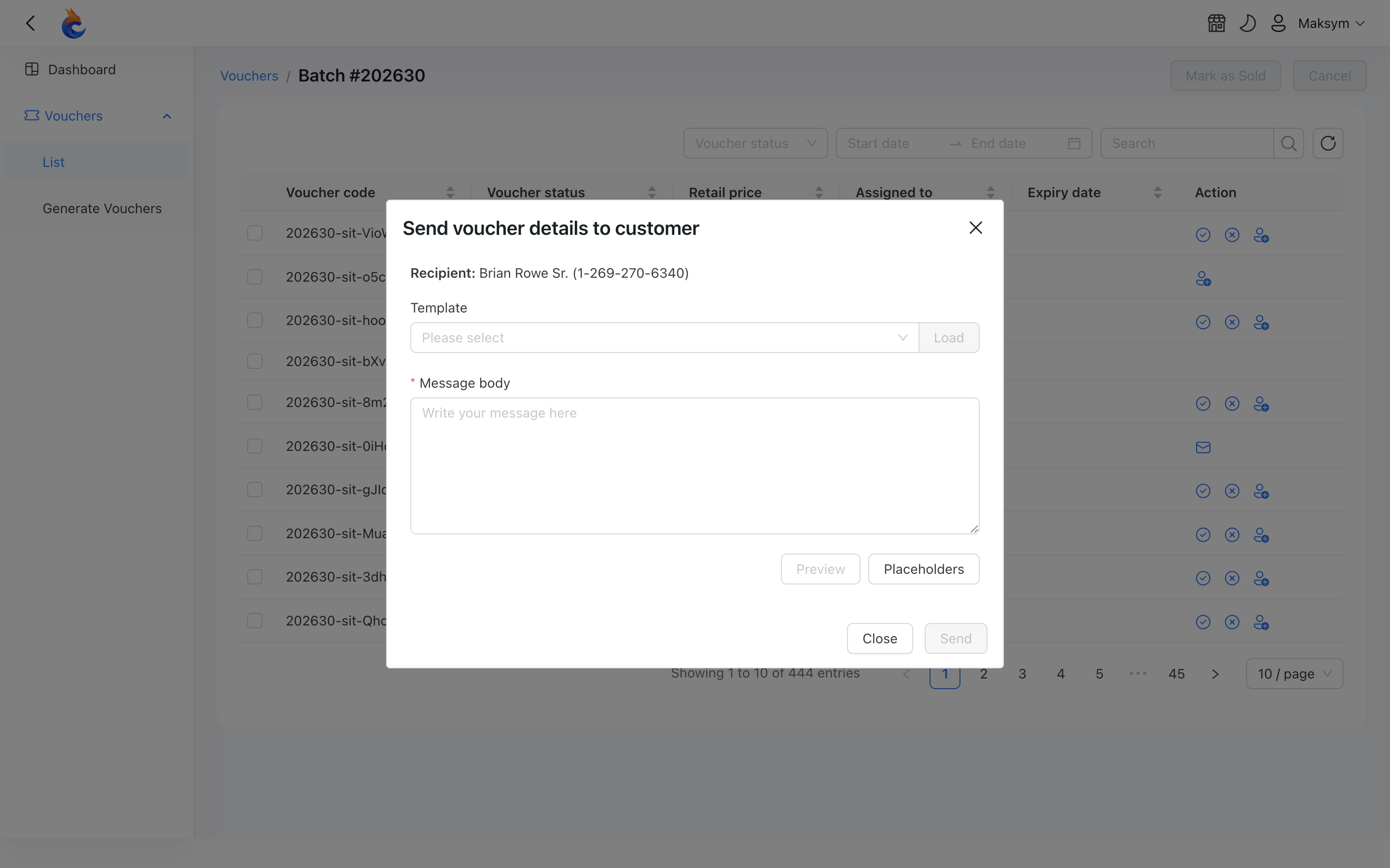 Sending voucher details by SMS