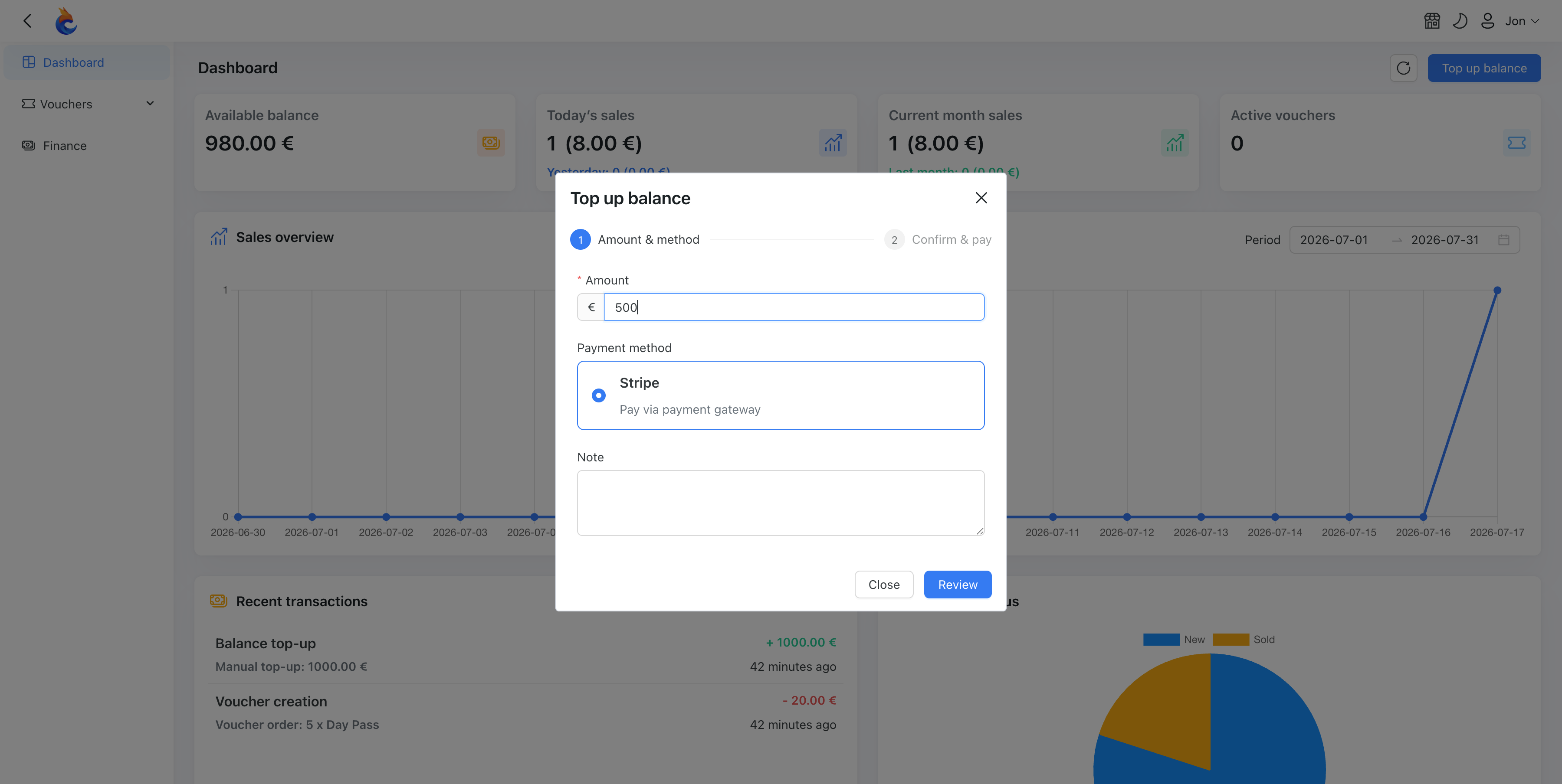 The reseller "Top up balance" flow — enter an amount and pick a payment gateway