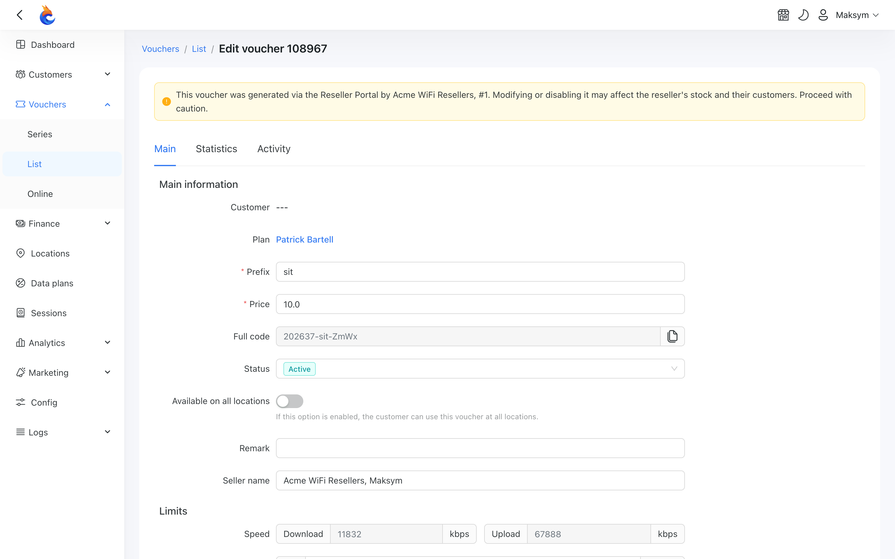 Warning when editing a reseller voucher