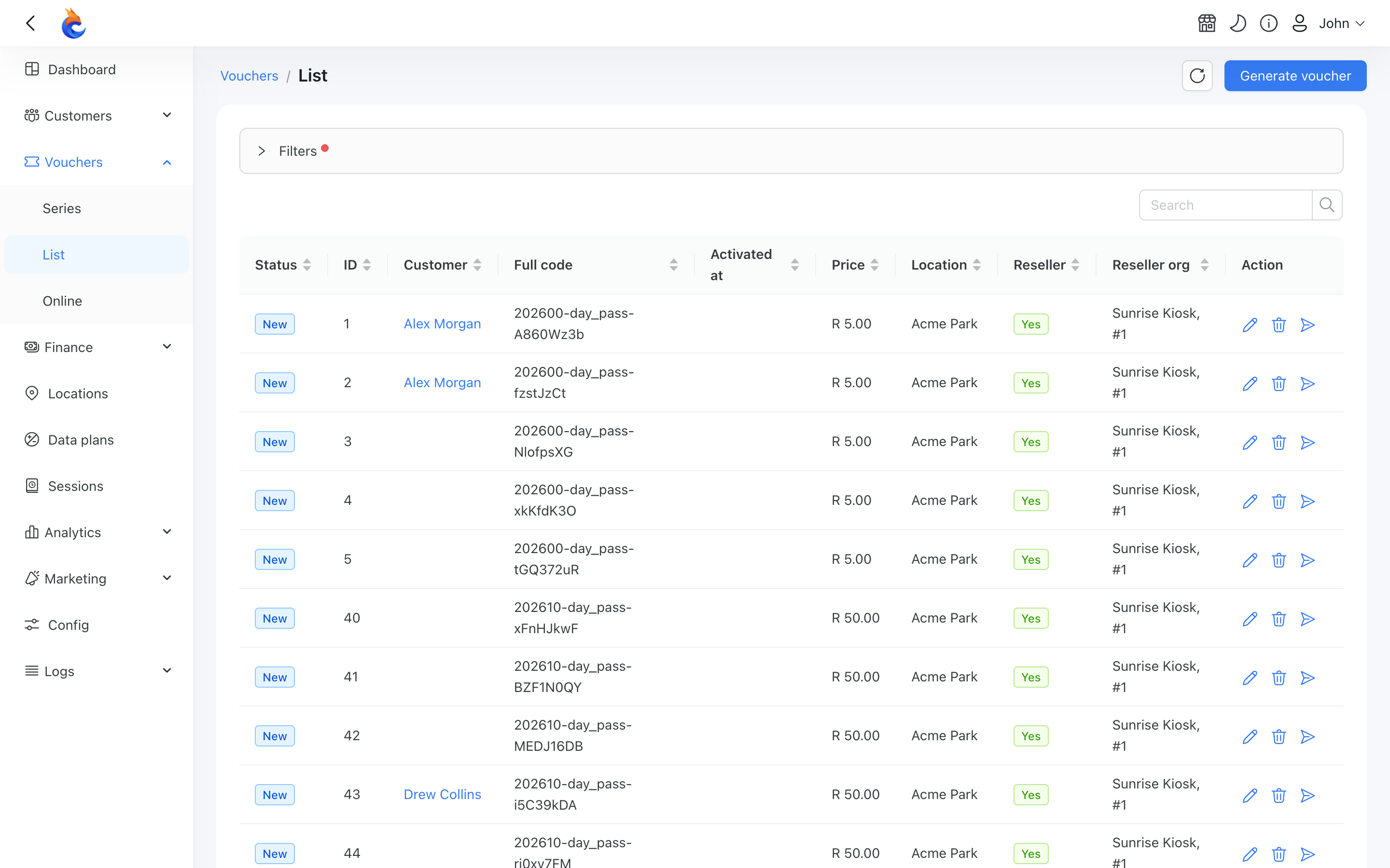 Reseller columns and filter on the vouchers list