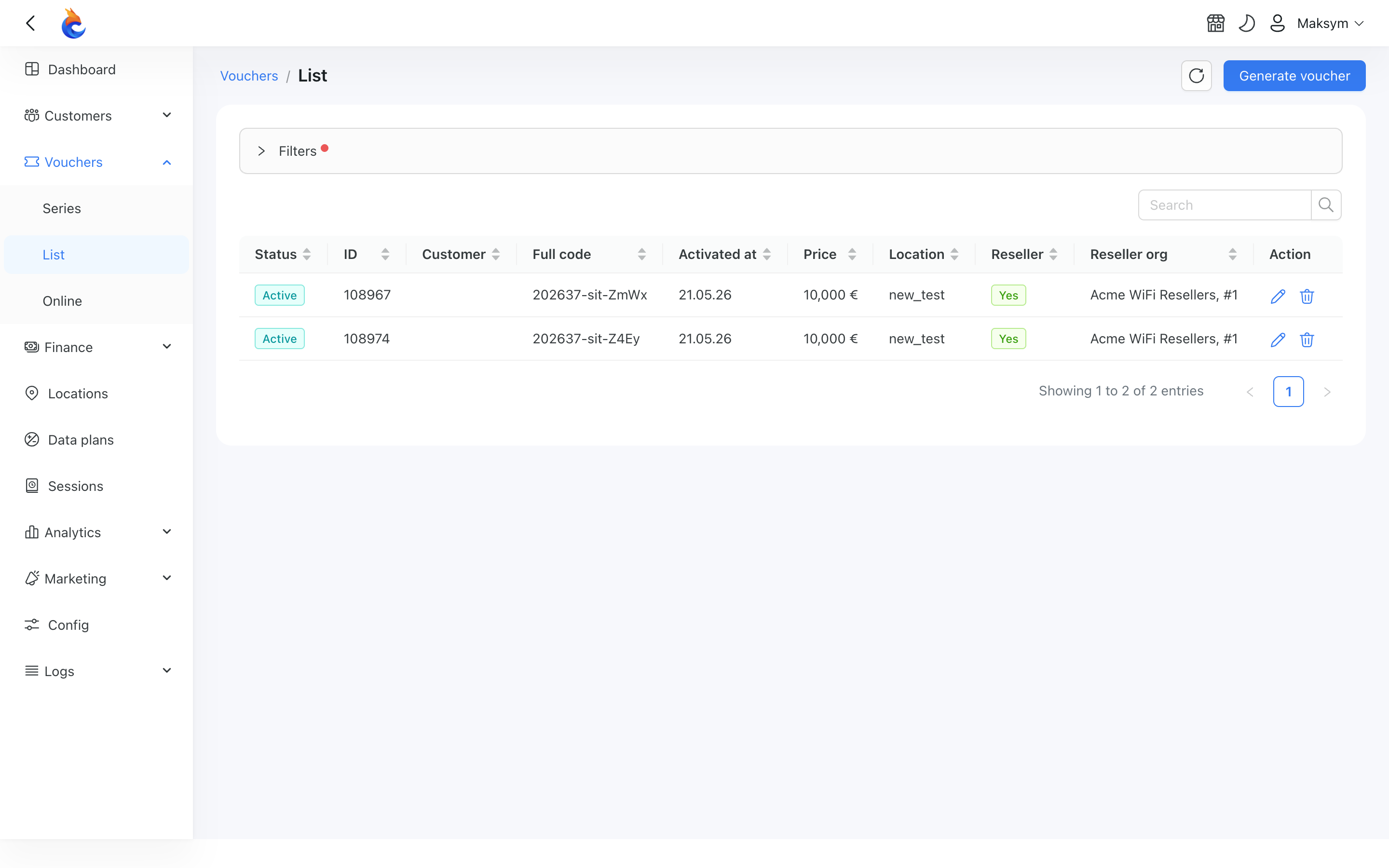 Reseller columns and filter on the vouchers list