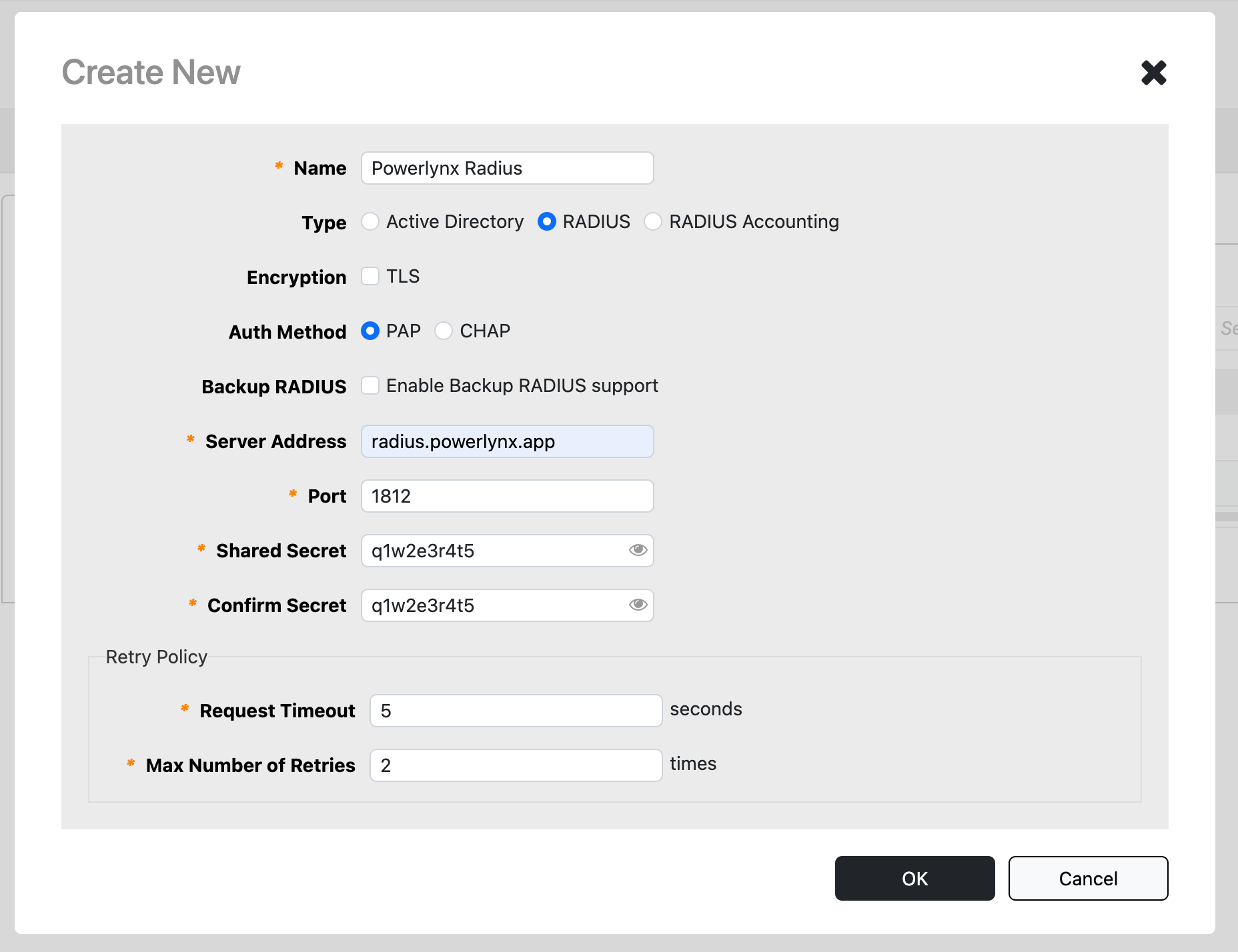 Add Radius form