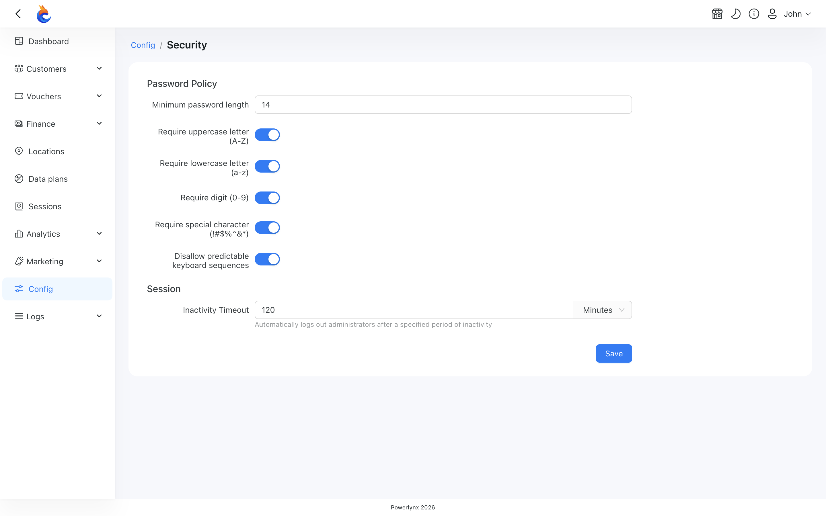 The Session section with the Inactivity Timeout field and its unit selector