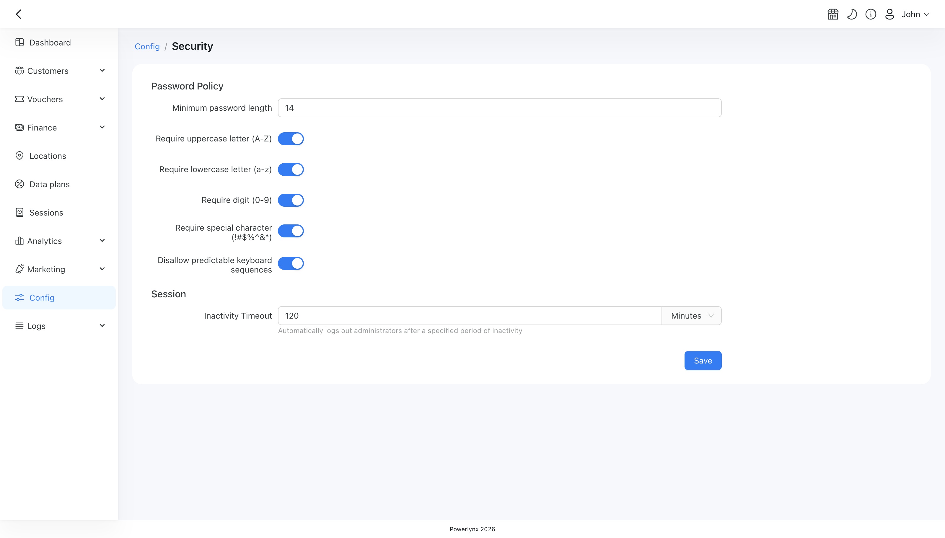 The Session section with the Inactivity Timeout field and its unit selector
