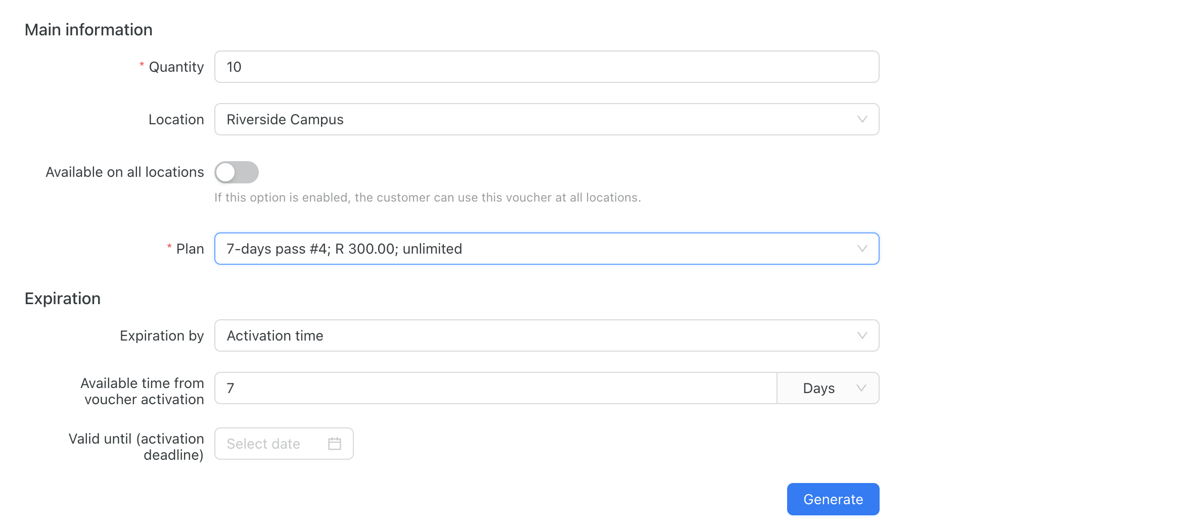 Voucher's parameters