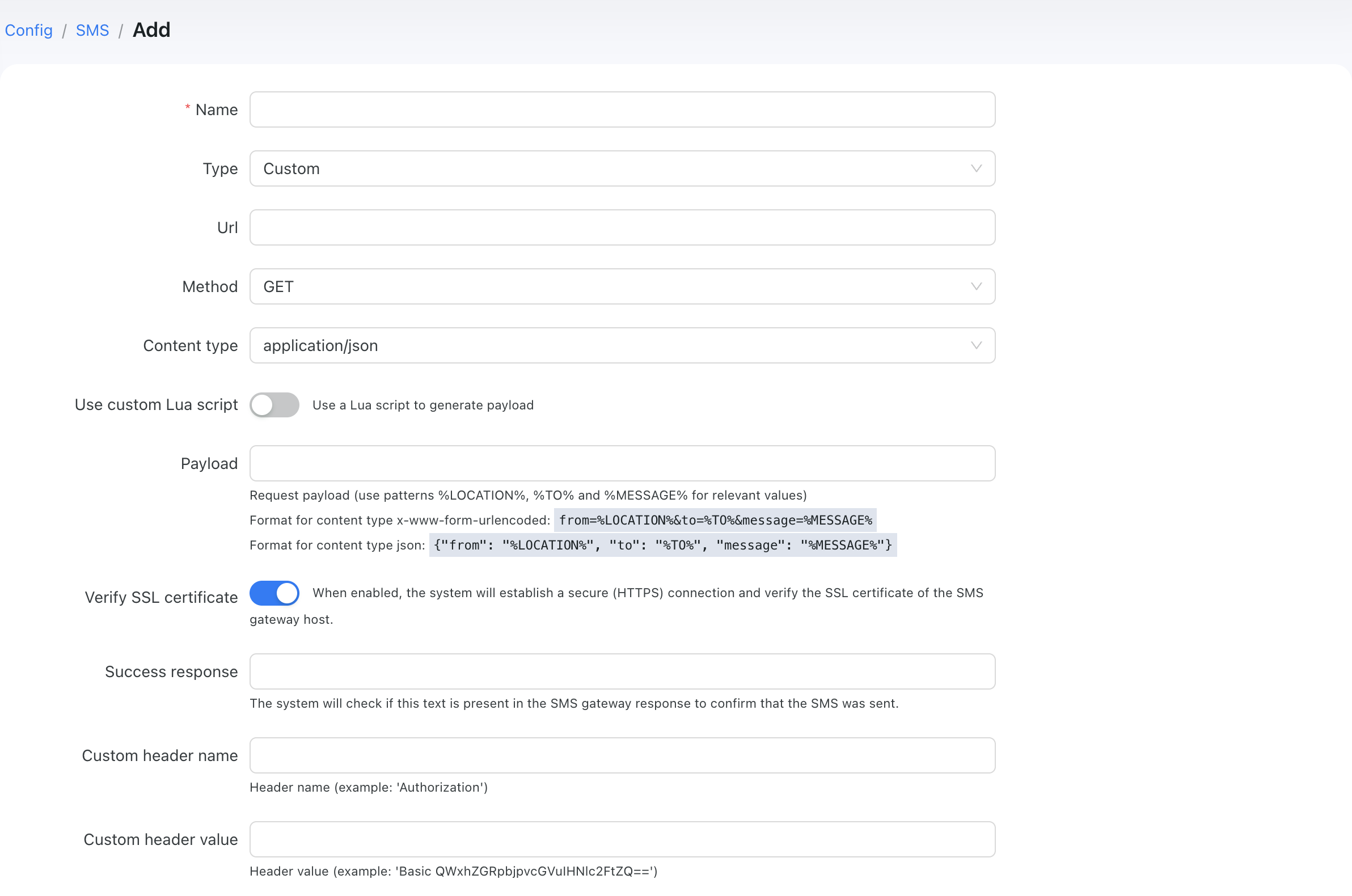 SMS main settings