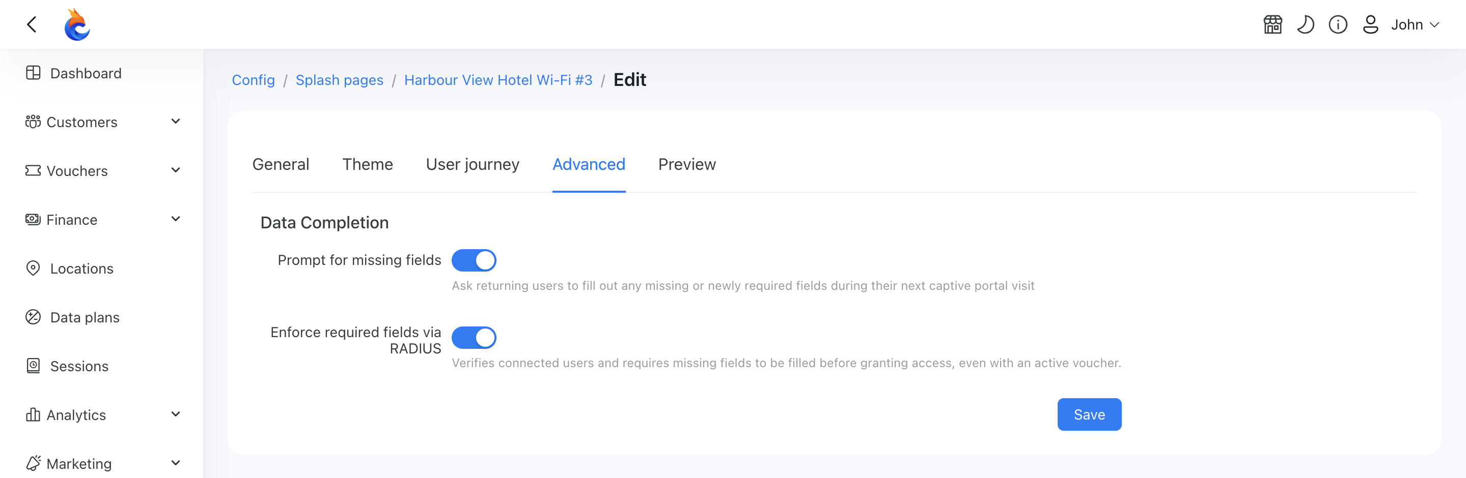 The Data Completion toggles — "Prompt for missing fields" and "Enforce required fields via RADIUS" — on the splash page's Advanced tab