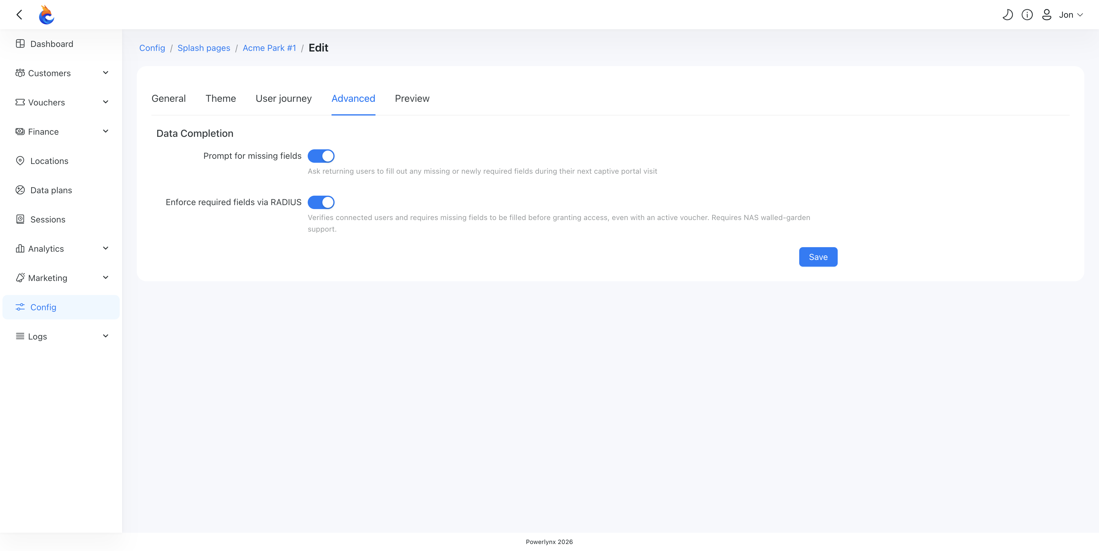 The Data Completion toggles — "Prompt for missing fields" and "Enforce required fields via RADIUS" — on the splash page's Advanced tab