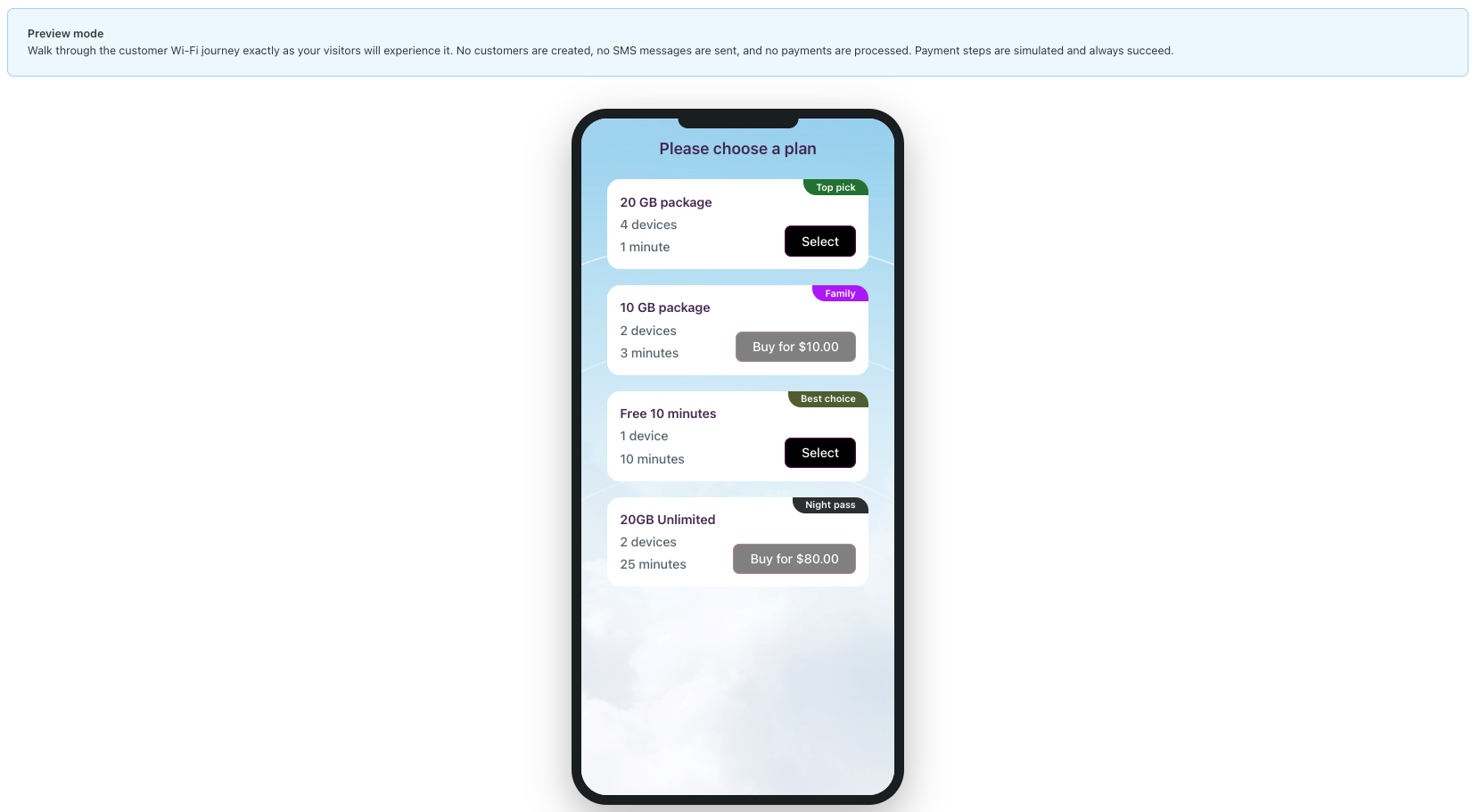 Splash page preview plans