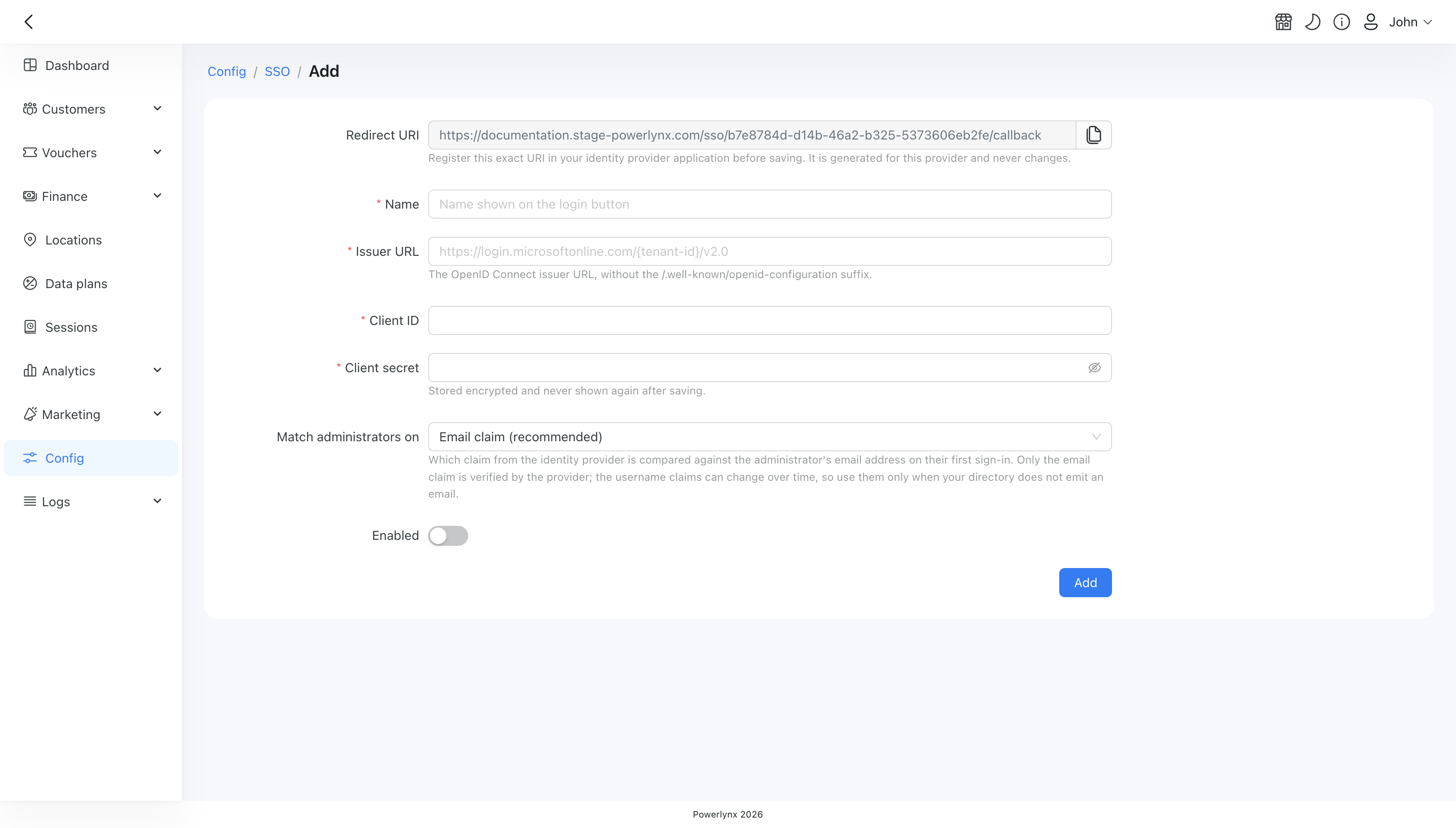 The Add provider form with the Redirect URI already filled in