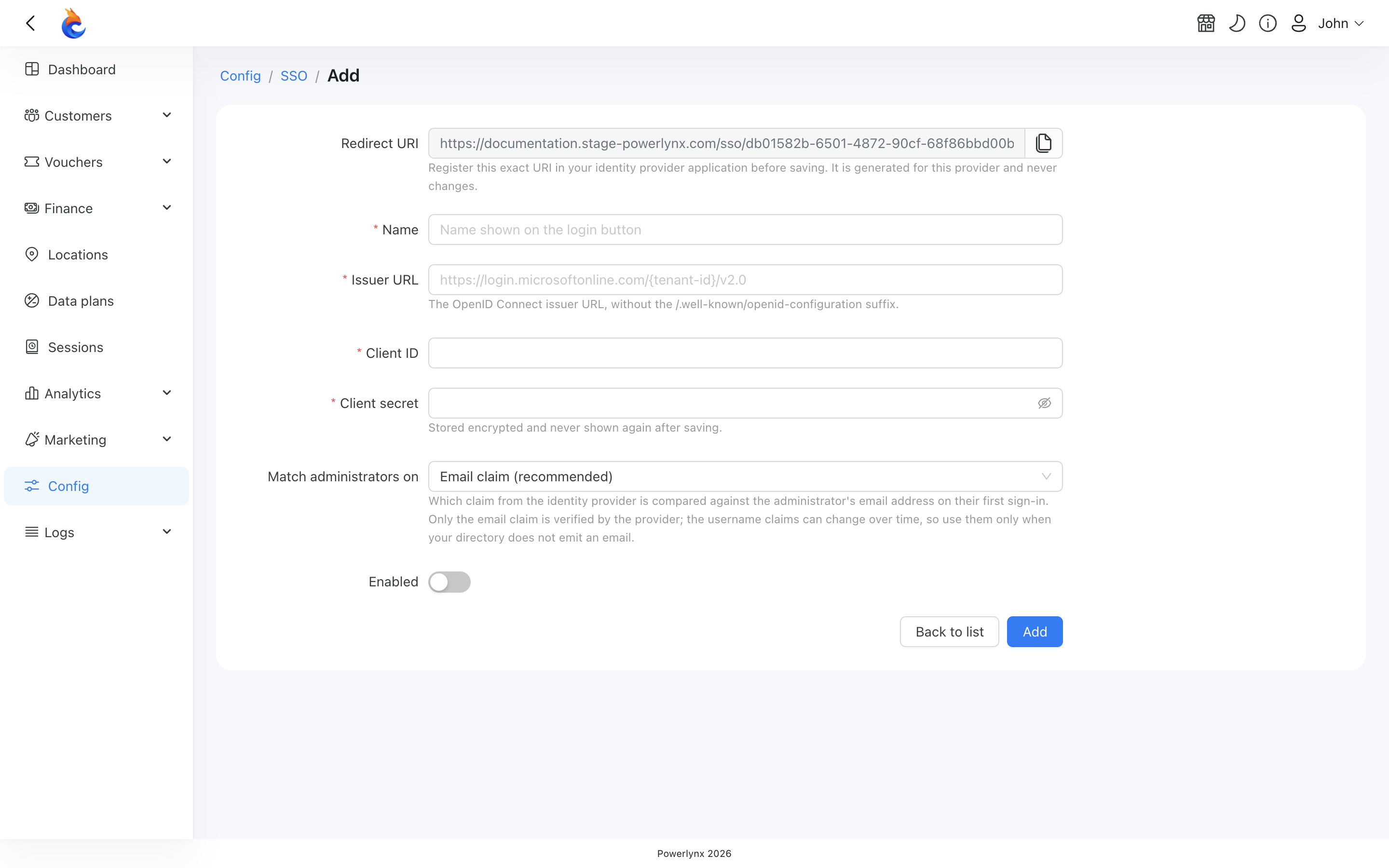 The Add provider form with the Redirect URI already filled in