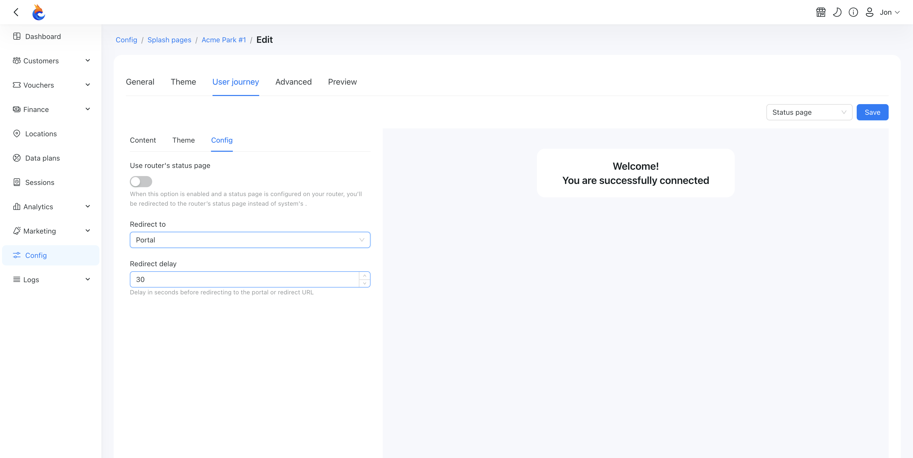 The "Redirect to" setting (here set to Portal) and the Redirect delay on the splash page's Status page config
