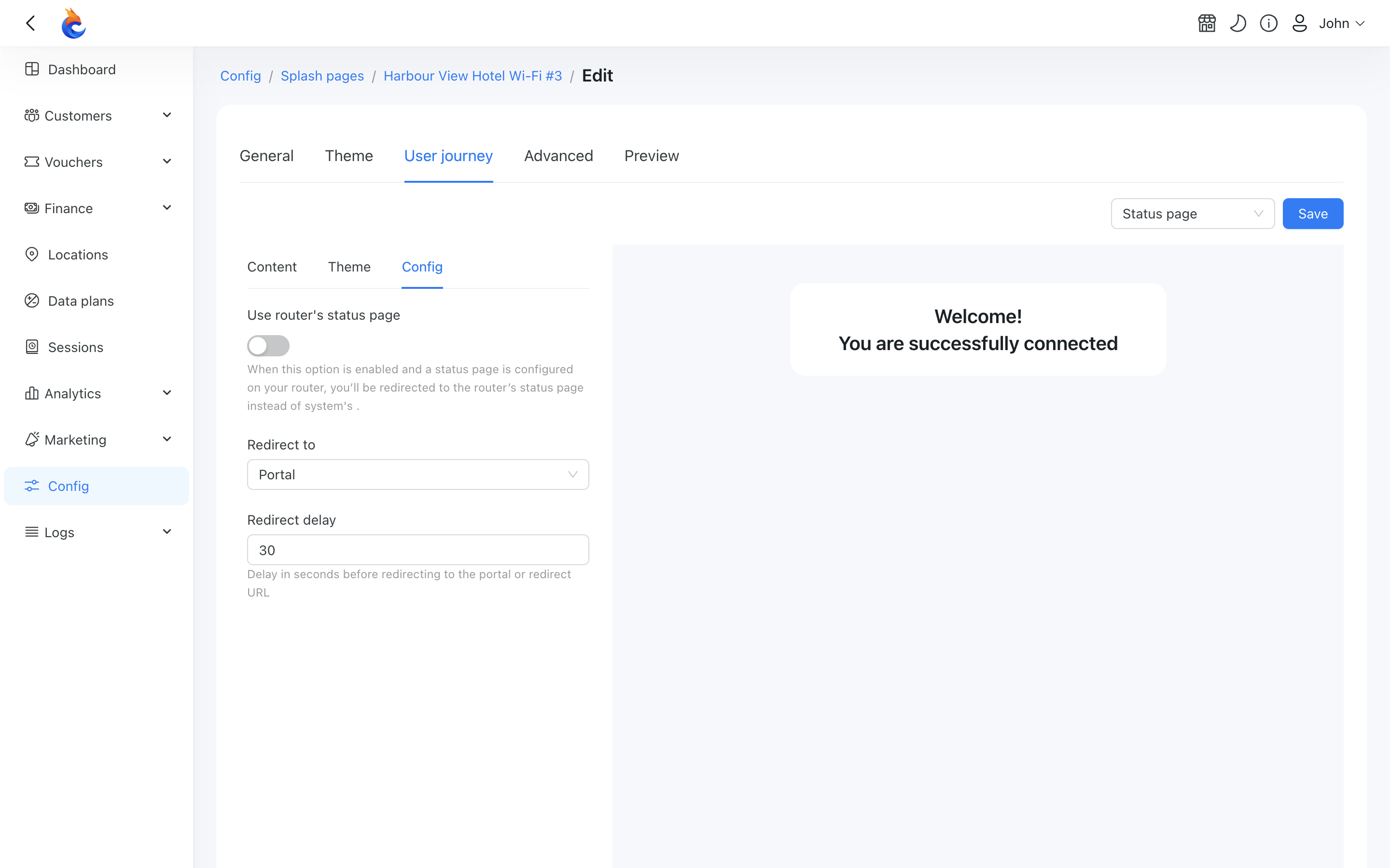 The "Redirect to" setting (here set to Portal) and the Redirect delay on the splash page's Status page config