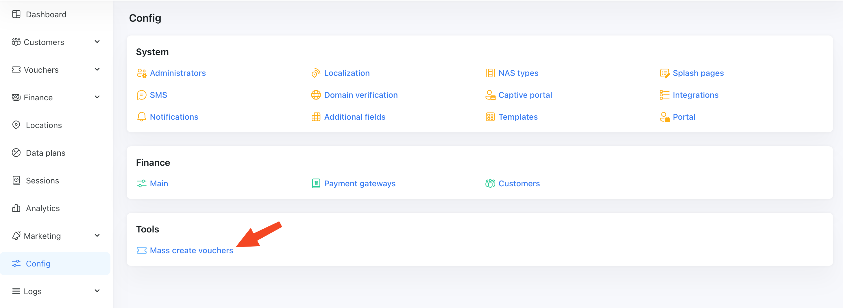 Config/Tools/Mass create vouchers