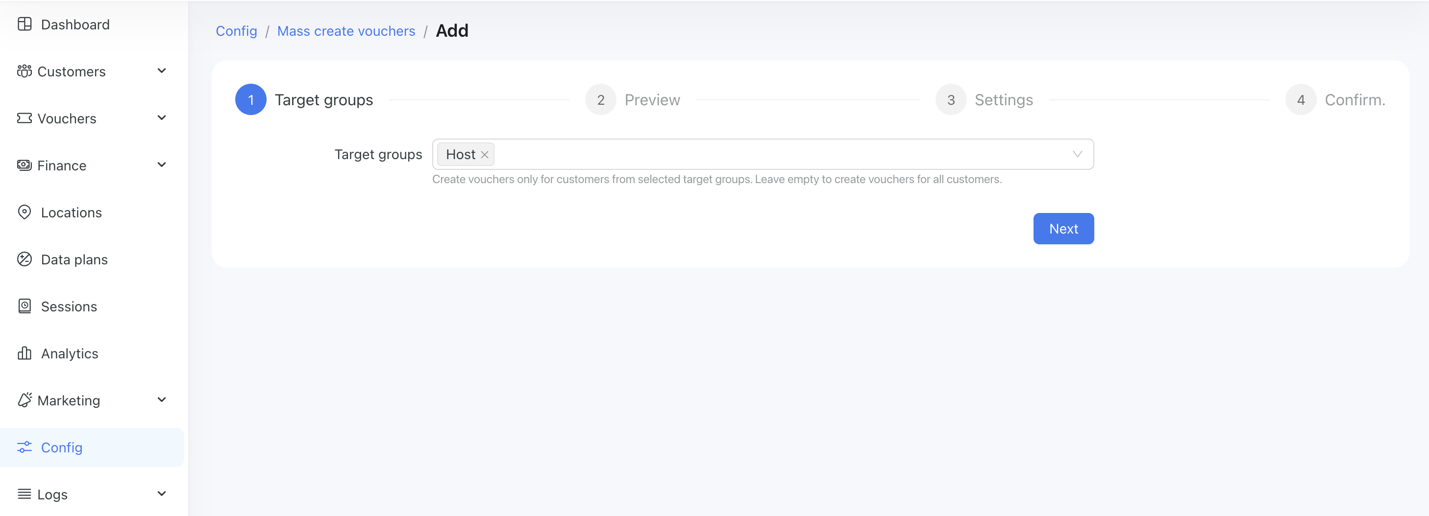 Config/Tools/Mass create vouchers/Step1