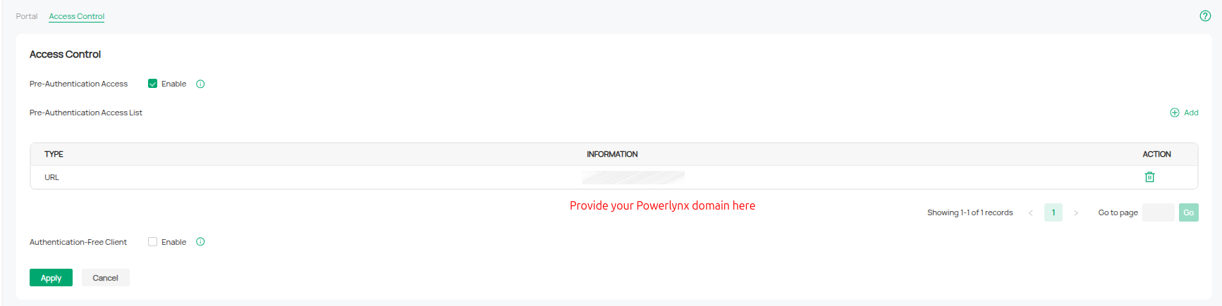 Omada Portal → Access Control — Pre-Authentication Access allowing the Powerlynx domain