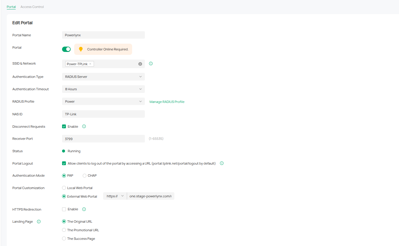 Omada Portal configuration — RADIUS Server auth, SSID Power-TPLink, Disconnect Requests on port 3799, External Web Portal