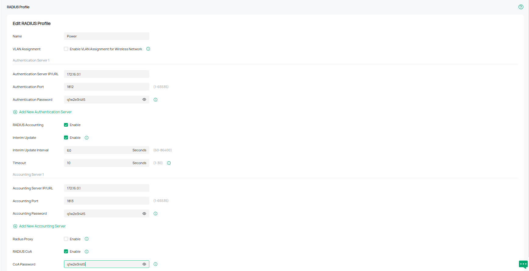 Omada RADIUS profile "Power" — servers by IP (1812 / 1813), Interim Update, RADIUS CoA enabled