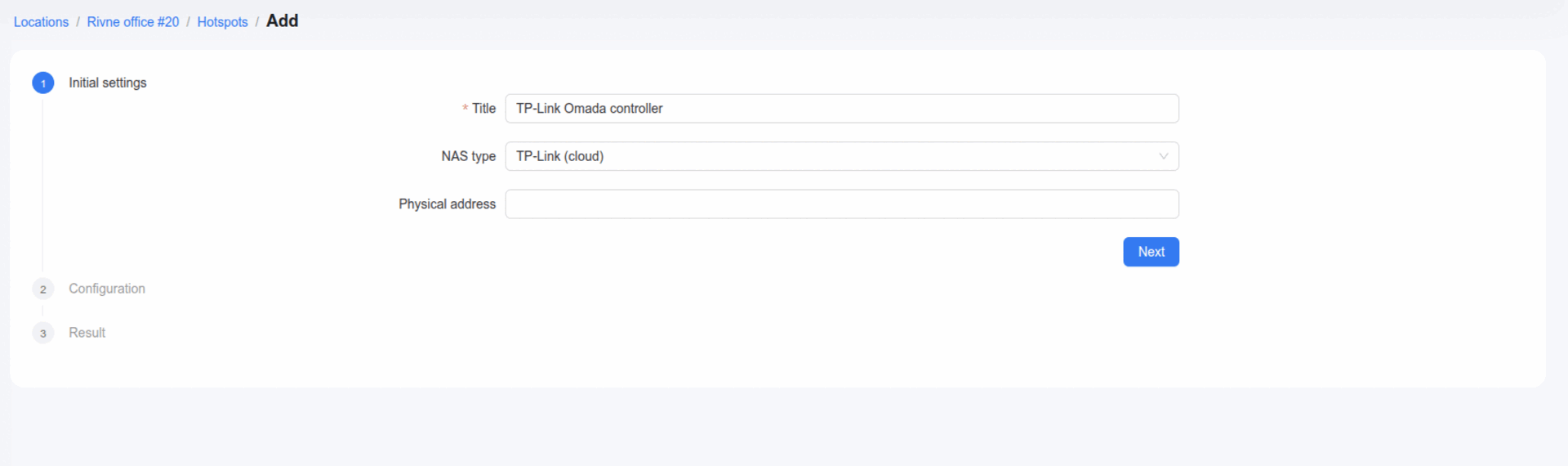 Powerlynx — Add hotspot, Initial settings: Title and NAS type "TP-Link (cloud)"