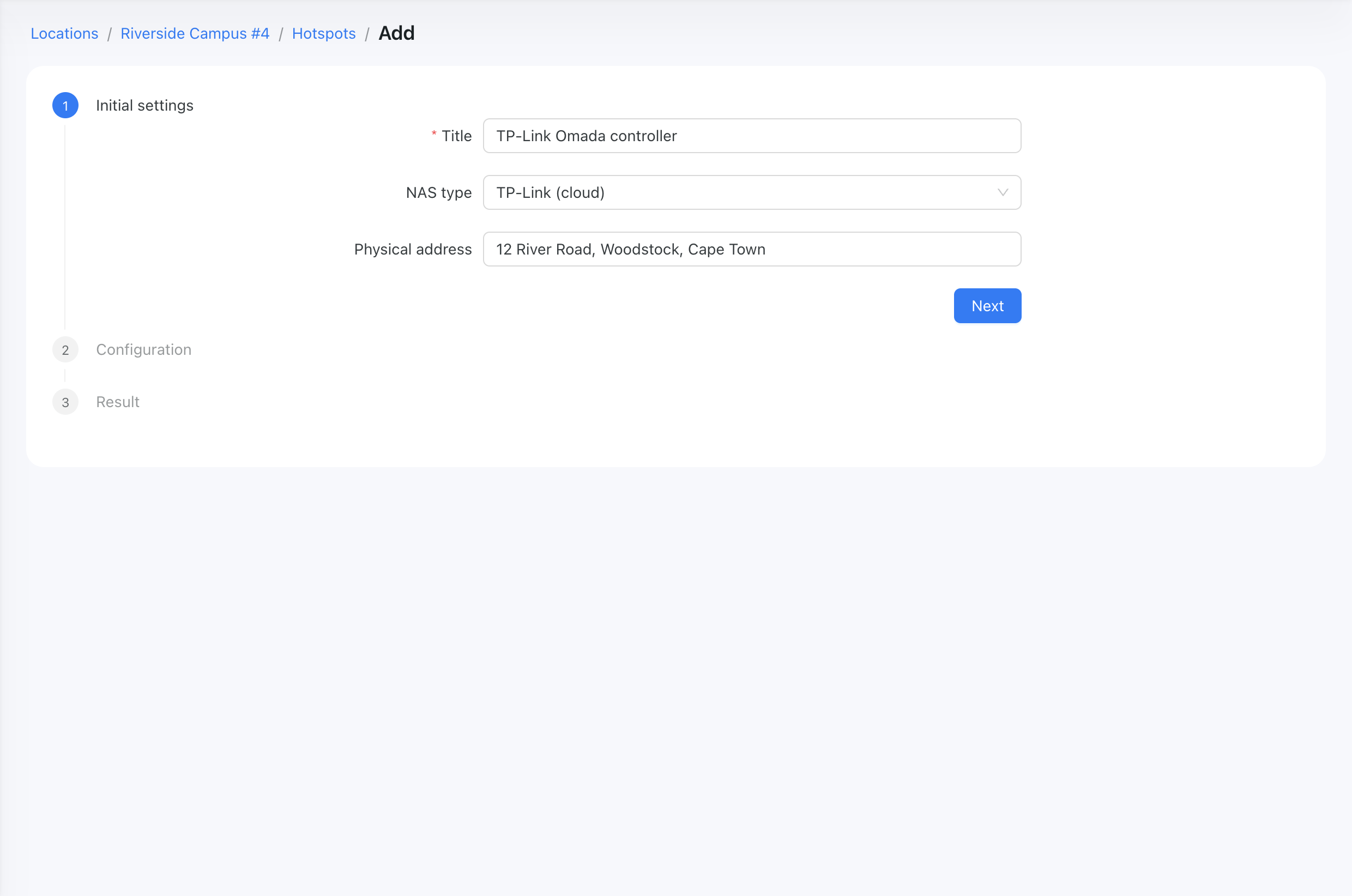 Powerlynx — Add hotspot, Initial settings: Title and NAS type "TP-Link (cloud)"