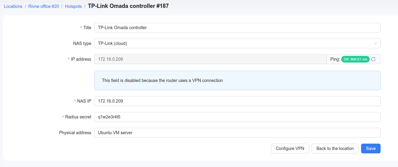Powerlynx hotspot — TP-Link (cloud), NAS IP = controller tunnel IP, RADIUS secret