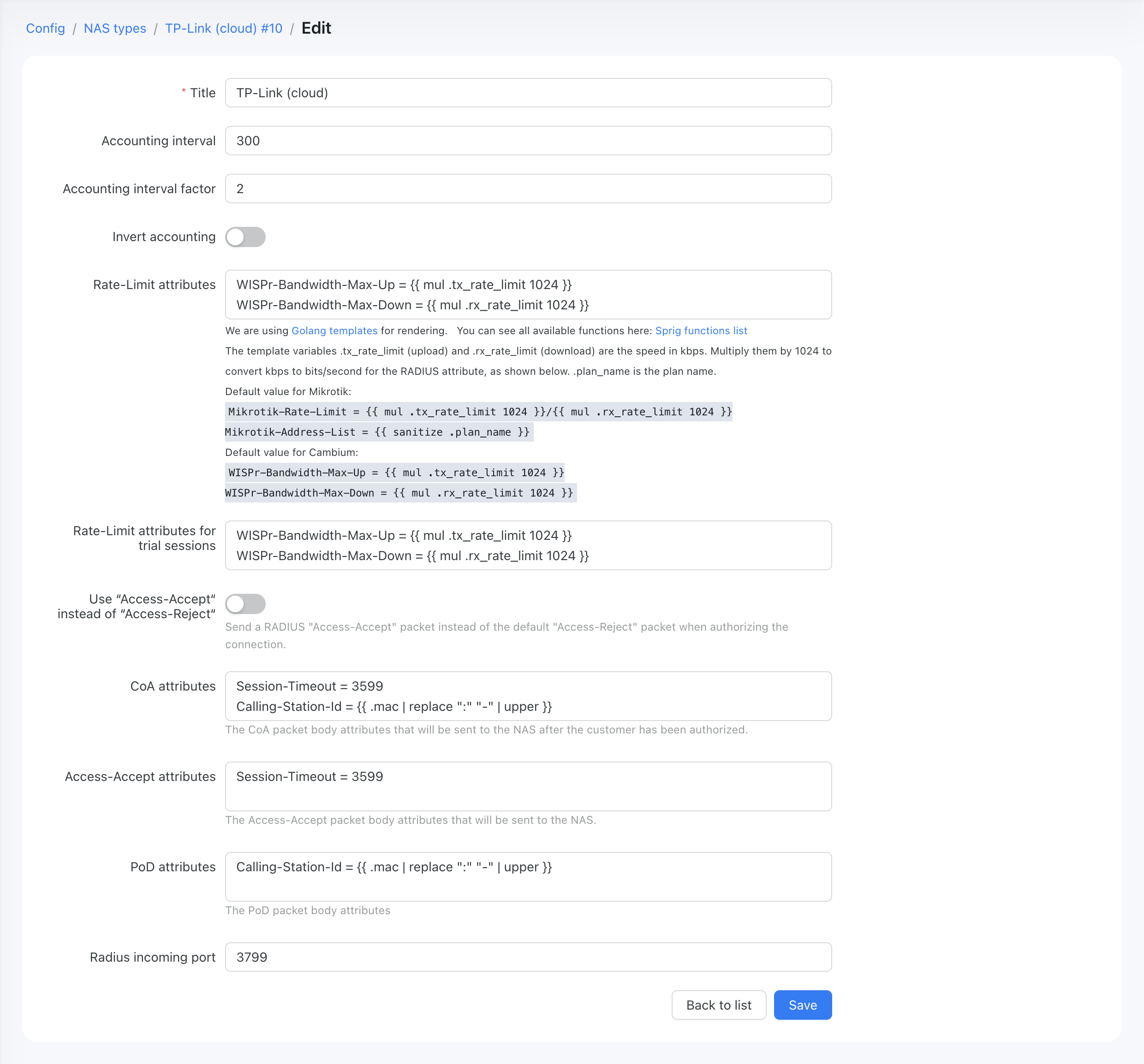 Powerlynx NAS type "TP-Link (cloud)" — attribute templates