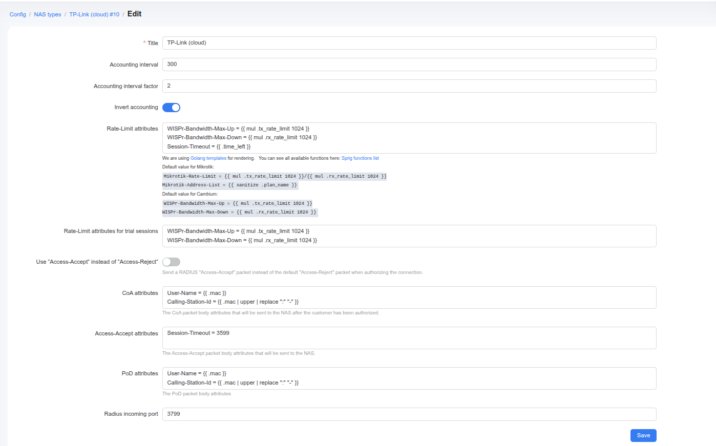 Powerlynx NAS type "TP-Link (cloud)" — attribute templates