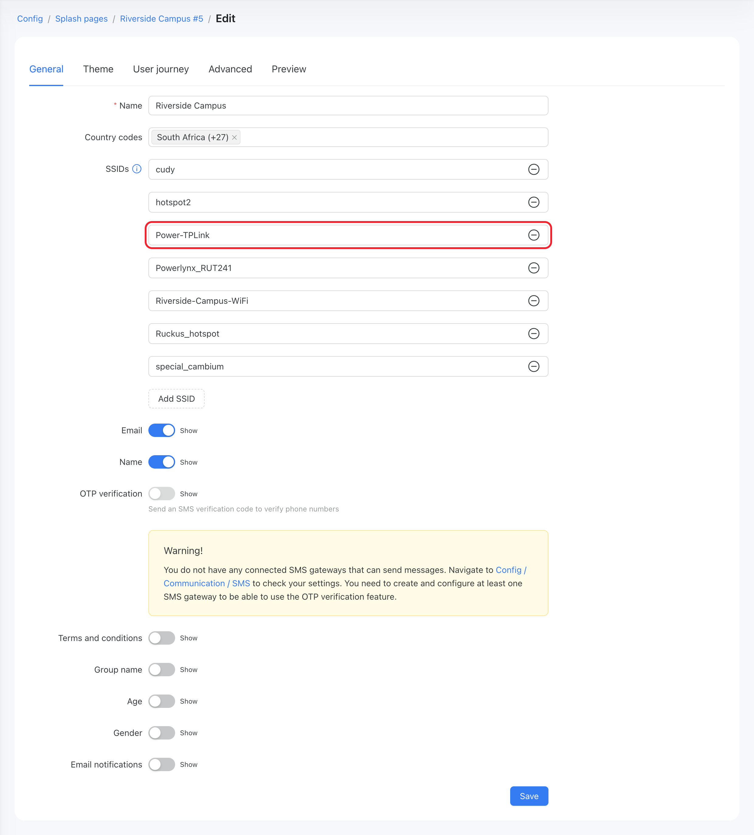 Powerlynx Splash page — SSIDs list including Power-TPLink