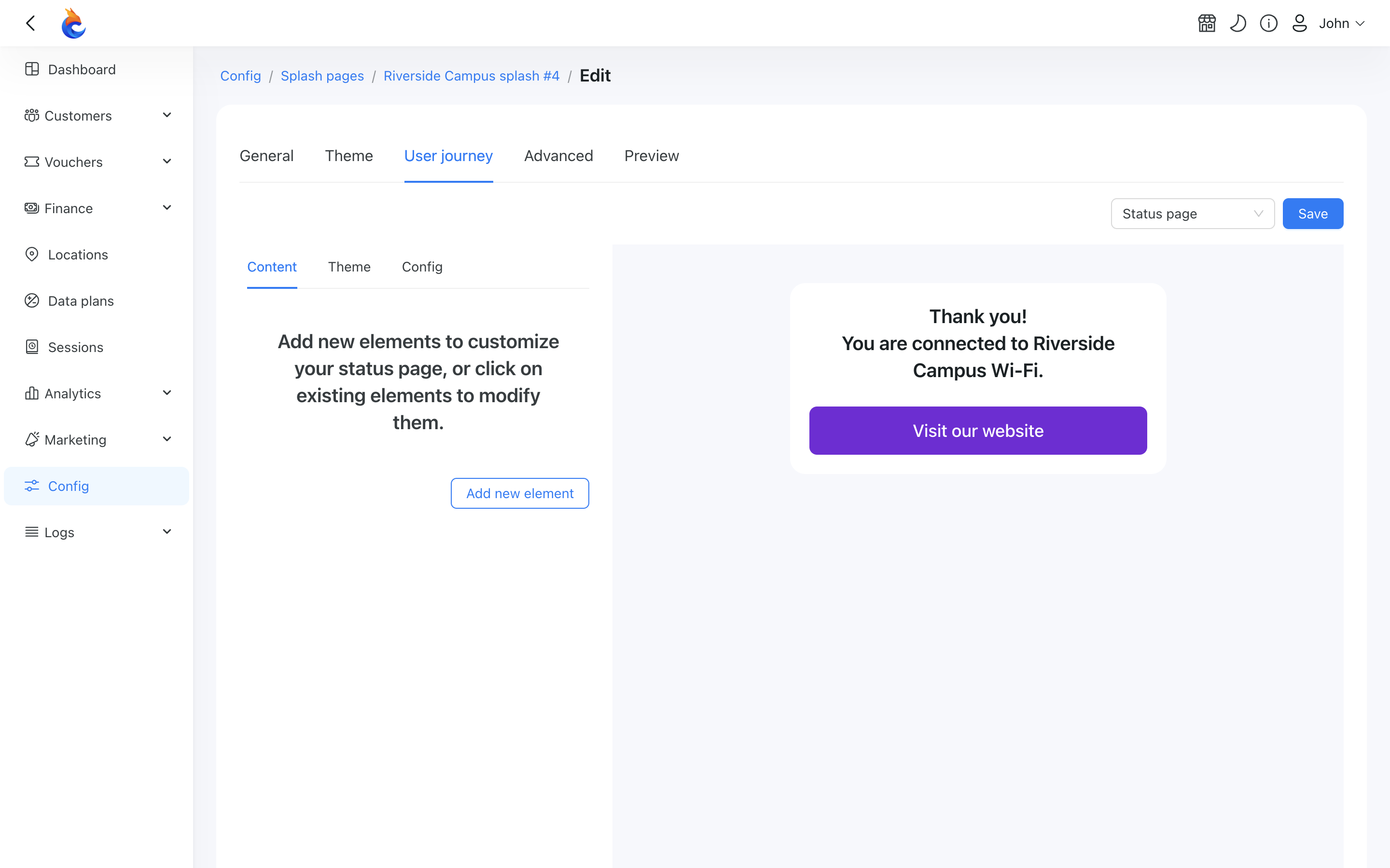 User journey status page