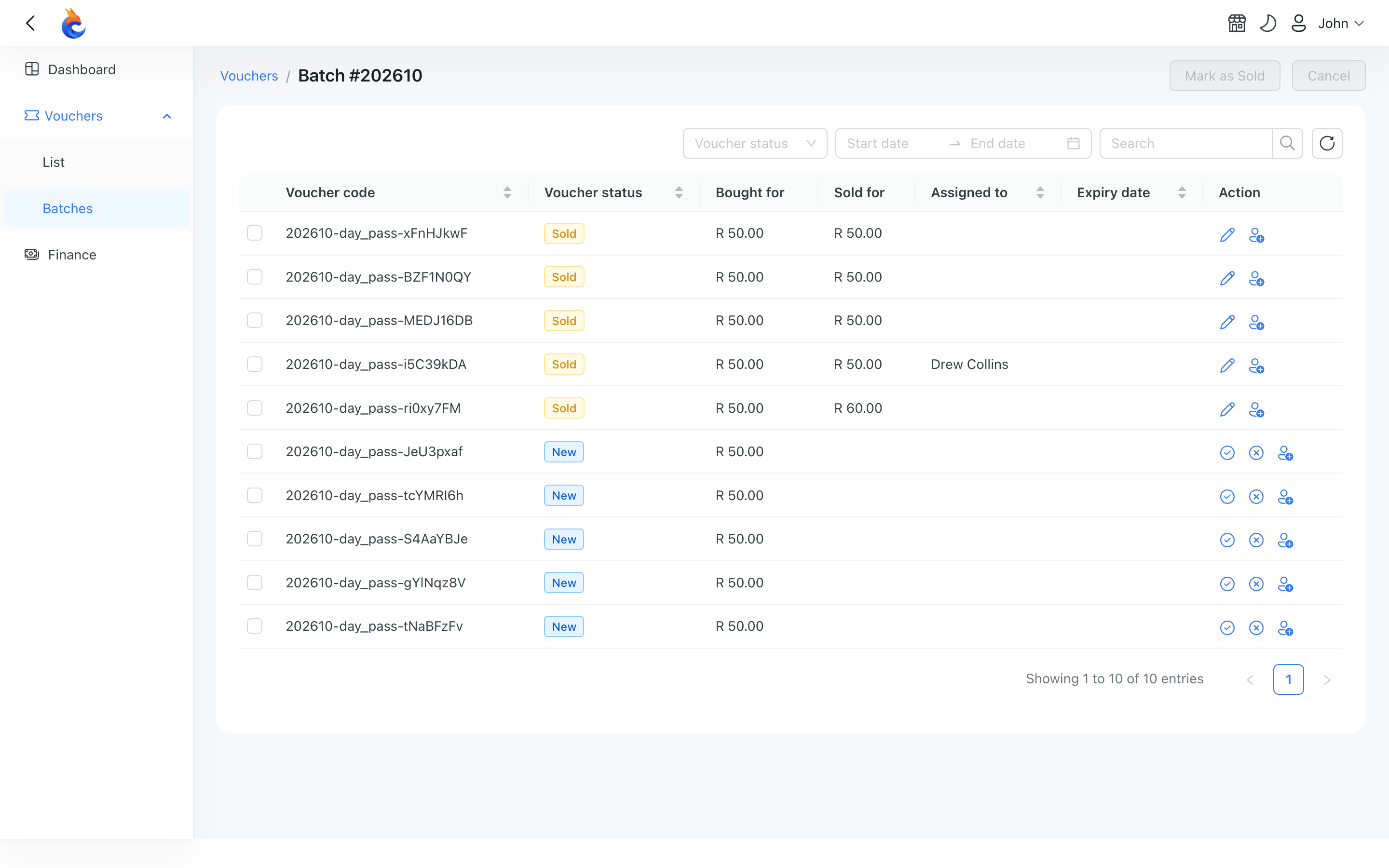 Batch detail with the Bought for and Sold for columns