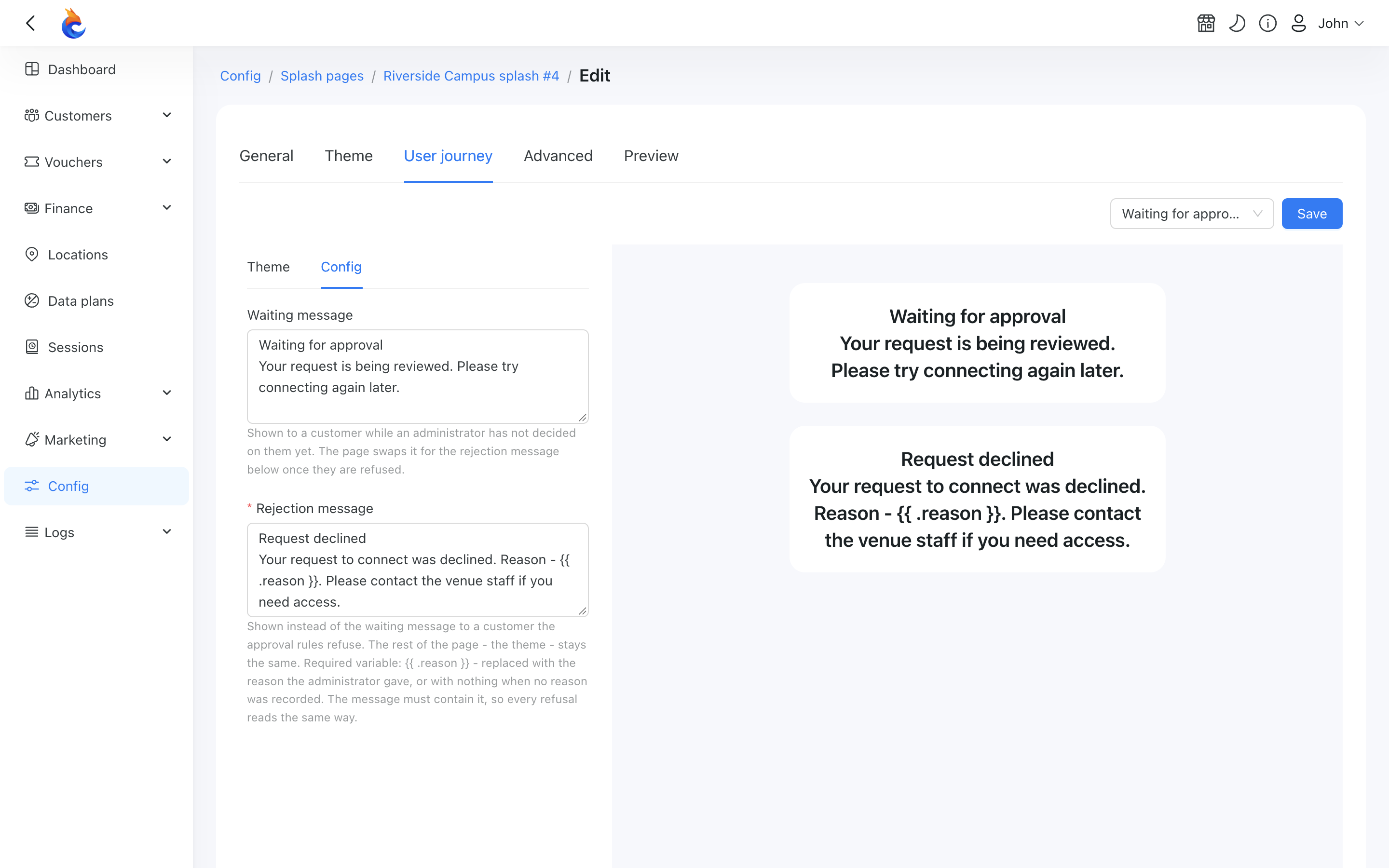 Waiting for approval page settings