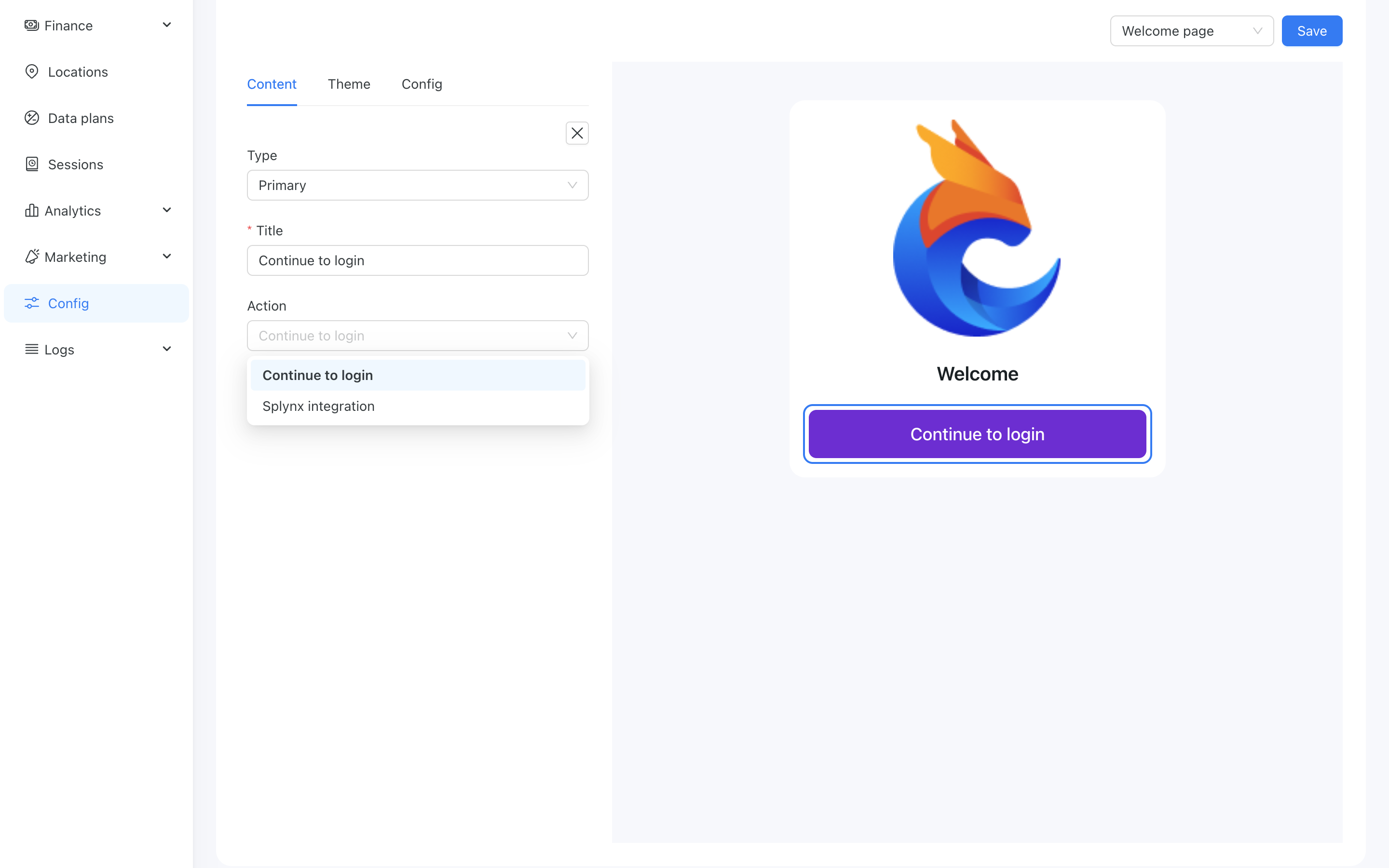 Button editor with the Action selector and no URL field