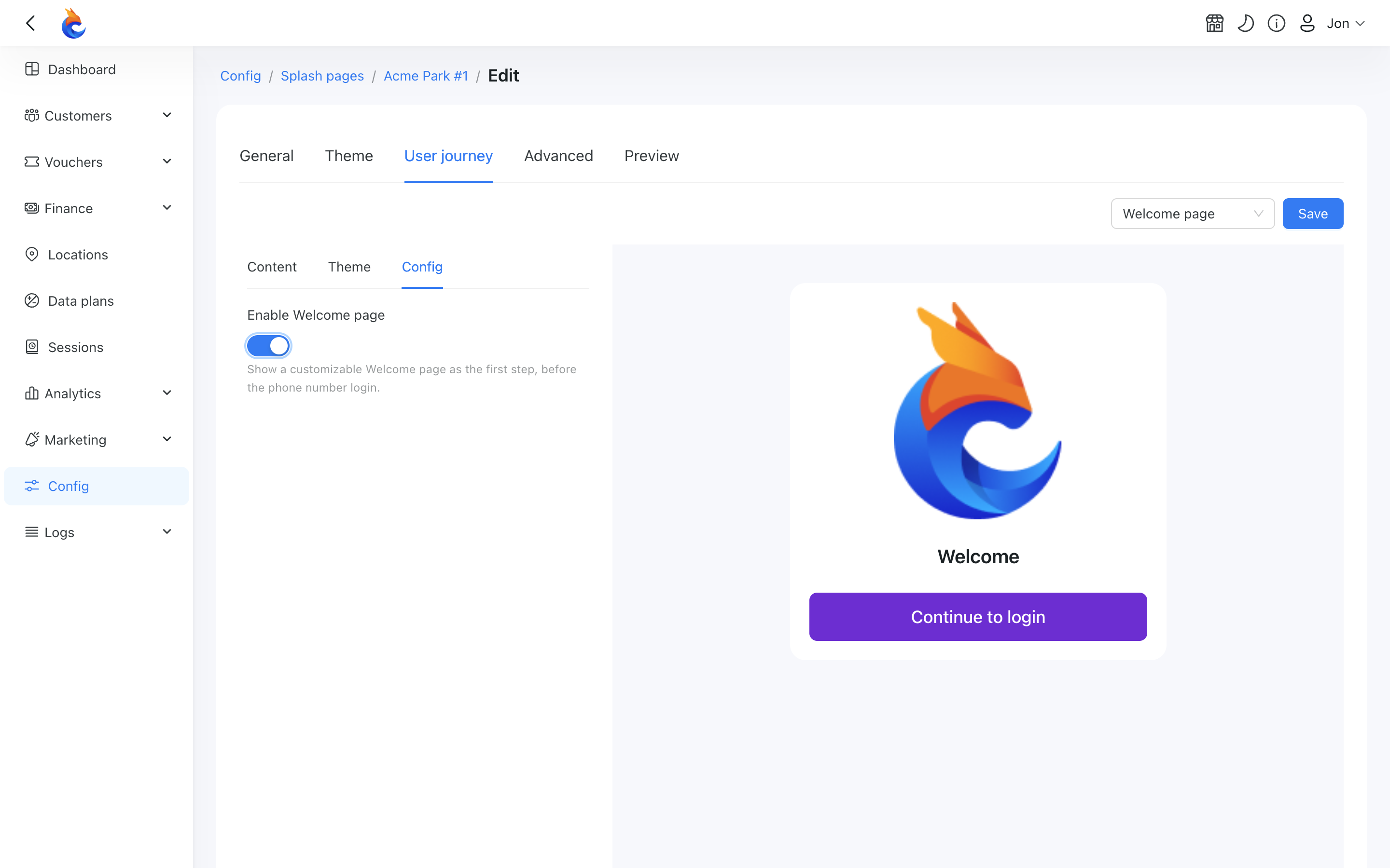 Config tab with the Enable Welcome page toggle