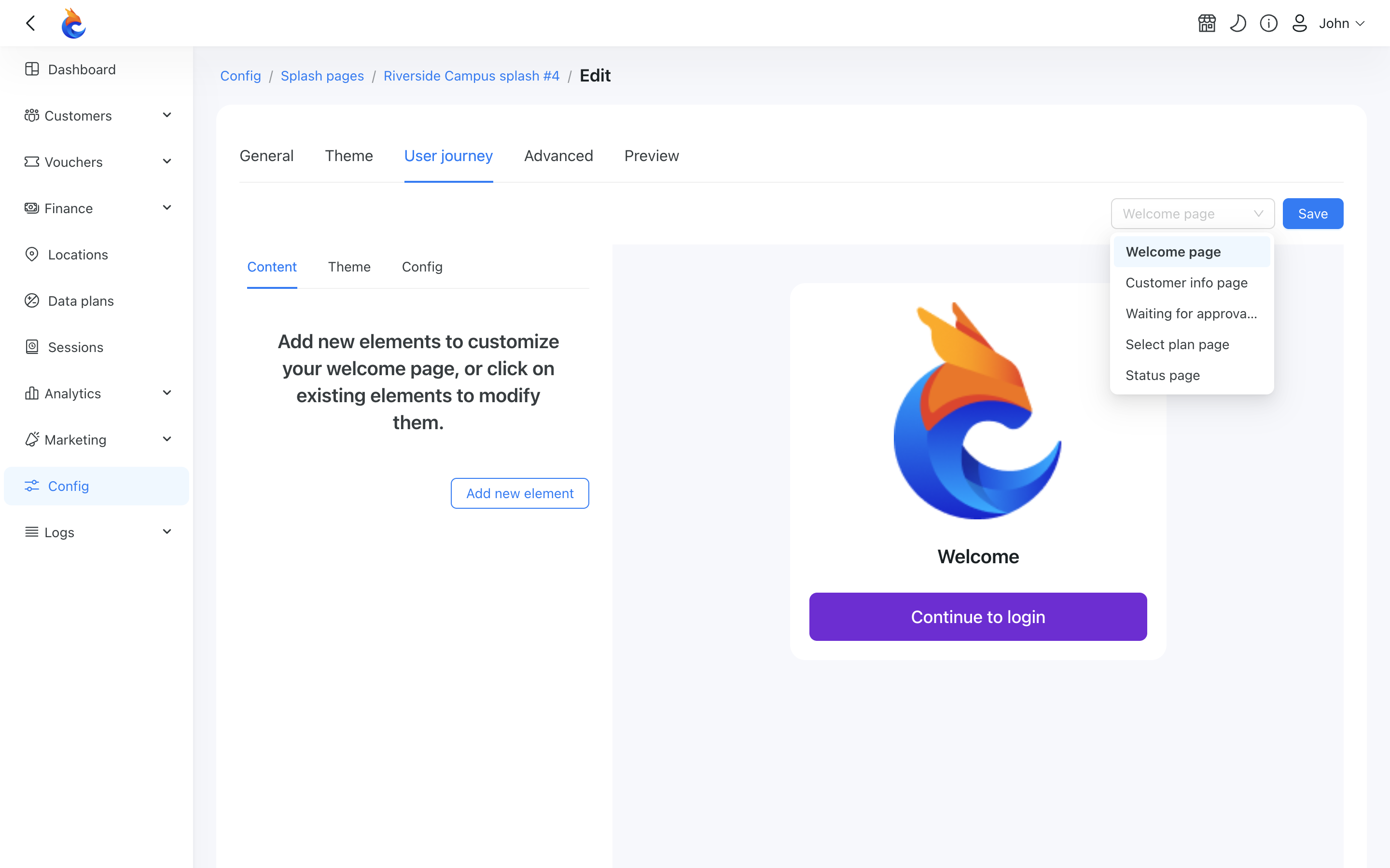 Welcome page in the User journey page selector