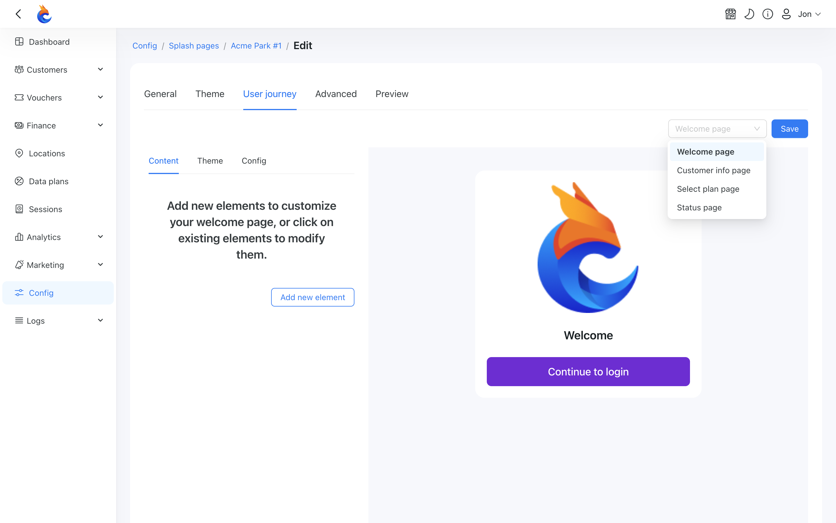 Welcome page in the User journey page selector